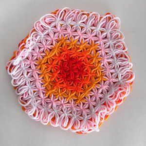 LARGE Handmade Crochet Potholder Hot Pad Trivet Flowers MCM Retro Decor bright